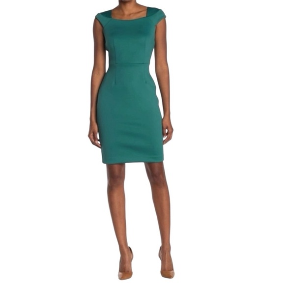 💚 NWT! Hunter Green CALVIN KLEIN Scuba Cap Sleeve Sheath Dress - Size 14 - Picture 5 of 9